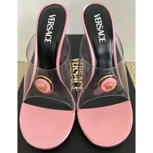 NIB VERSACE PINK SILK MEDUSA HEAD GREEK KEY SANDALS HEEL 39 9 ITALY